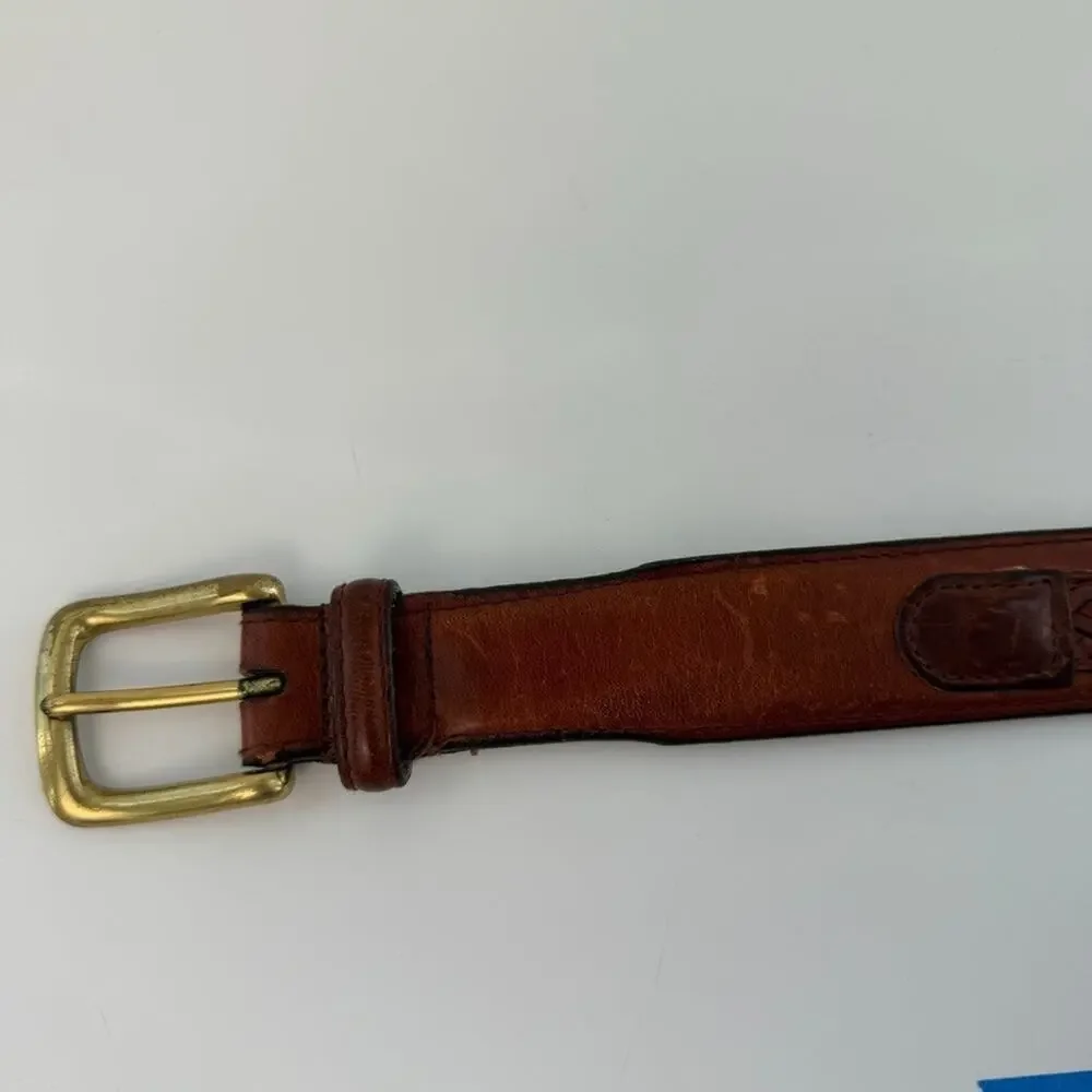 Men's Brown Solid and Inlaid Braid Leather Belt Brass Buckle Vintage? Medium 38